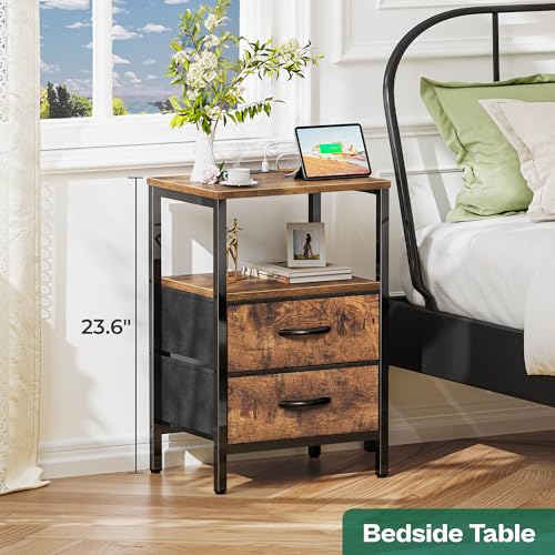 Image of Huuger Nightstand with Charging Station, Side Table with Fabric Drawers | End Table with Open Shelf, Bedside Table with USB Ports and Outlets, Night Stand for Bedroom, Bed Side Table, Rustic Brown