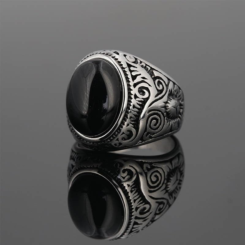 Black Onyx Ring for Men, Men Silver Stainless Steel with Black Onyx Stone，Intricate Filigree Accents, Vintage-Inspired Design, Size 8-12 - Image 3