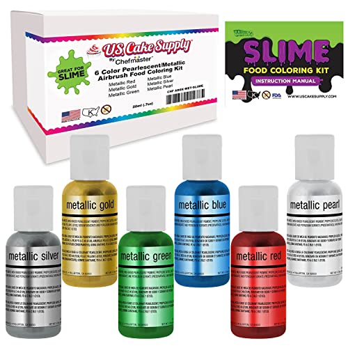 6 Metallic Colors Airbrush Food Coloring Decorating Slime Kit – U.S. Art Supply Food Grade, 0.64 fl. oz. (19ml) Bottles, Non-Toxic Metallic Colors