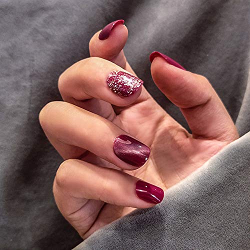 Morily 24pcs Fake Nails Rose Red Glossy Short Square Glitter Press on Nail False Tips Artificial Finger Manicure for Women and Girls