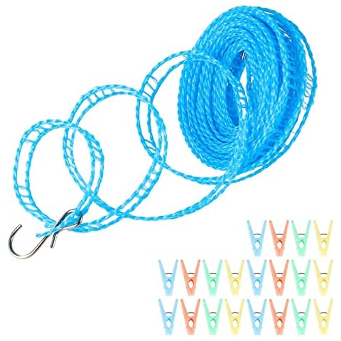 5M Travel Washing Line, Portable Washing Line with 20pcs Pegs Camping Retractable Camping Washing Line Windproof Travel Clothes Line for Camping Travel Hotel Laundry Garden,Blue Cover