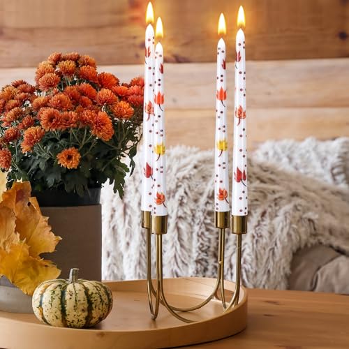 Image of Threlaco 6 Pcs Fall Red Maple Leaf Taper Candles 9.8 inch Unscented Taper Candles Prints Dinner Table Home Decorations for Thanksgiving Autumn Festive Halloween Party Gift