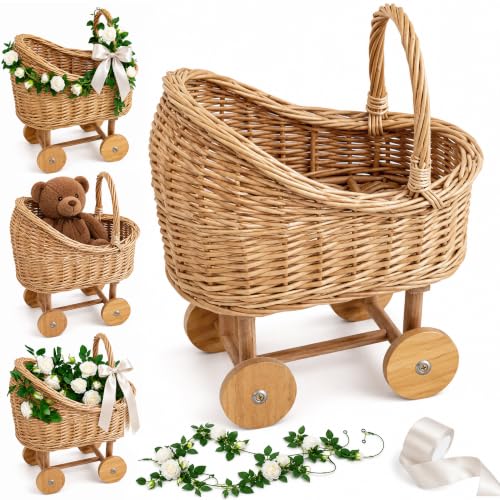 Image of Wicker Baby Carriage Basket, Handmade Rattan Cart with Handle, 18 In