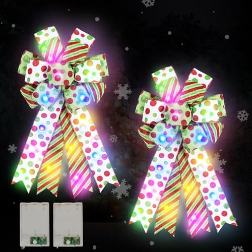 2 Pack Lighted Large Christmas Bow for Wreath Decor, Red Green Tree Topper, Glitter Dot Bows, 20x12 Inch Decorative Light (Red Green)