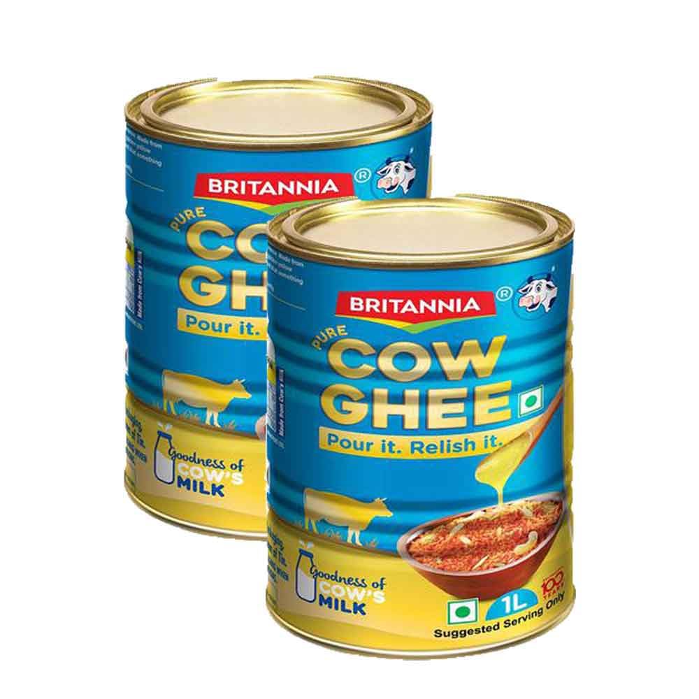 Britannia Pure Cow Ghee 33.81floz (1 Litre) - Pack of 2 - Rich, Golden & Lactose-Free - Authentic Ghee for Classic Flavor