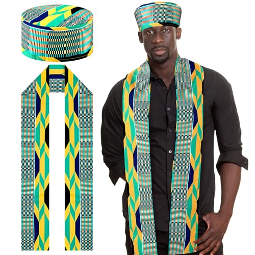 Chicingyou 2 Pcs African Kente Stole Kufi Hat Kente Sash Scarf Clothing Accessories for Black History Month Kwanzaa Gifts(Blue Green Style)