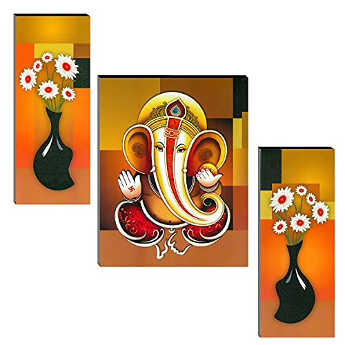 Image of Indianara Set of 3 Ganesha Art MDF Art Painting (1160FL) without glass 4.5 X 12, 9 X 12, 4.5 X 12 INCH