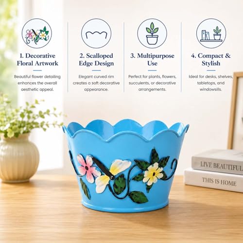 Image of Go Hooked Metal Flower Pot Planter (Pack of 3, 6 Inch) | Decorative Blue Indoor Outdoor Plant Pot with Floral Embossed Design | Round Planter for Home Balcony Garden Decor