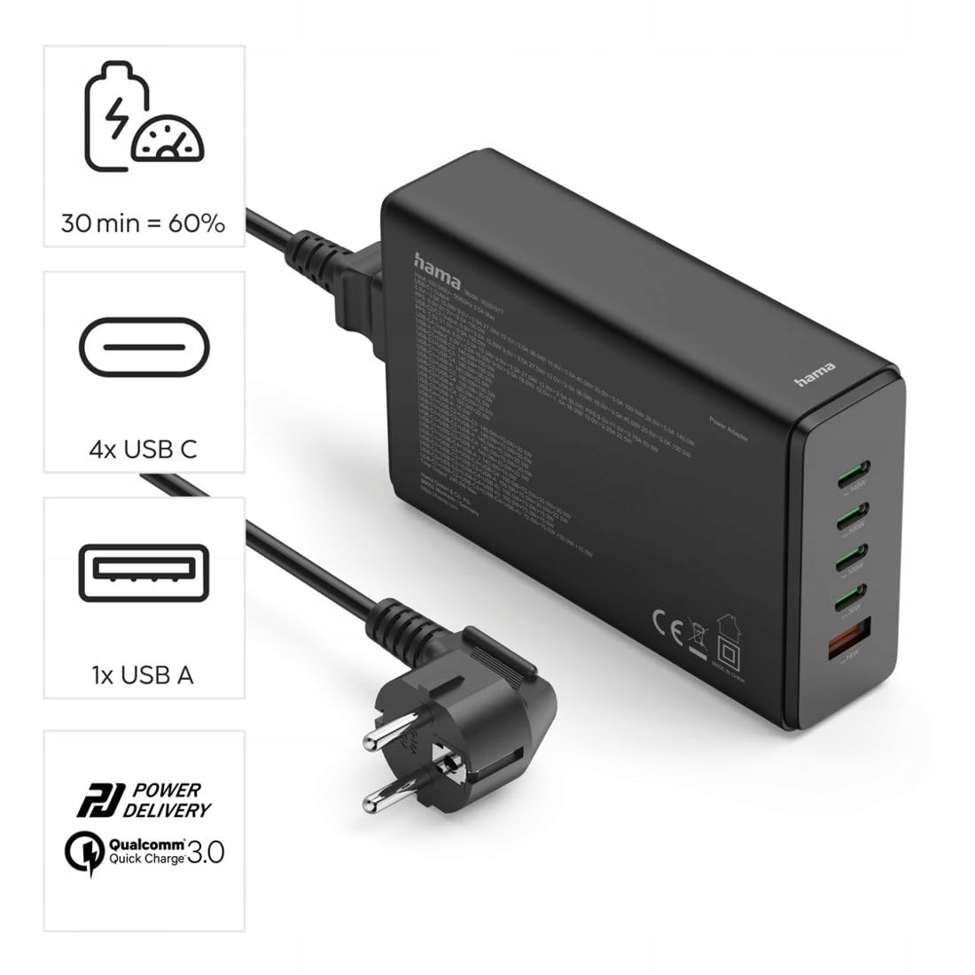 Hama Chargeur USB 240W GaN, 5 Ports, 4X USB-C et 1x USB-A, Charge Rapide Sécurisée, PD + QC 3.0, Détection Auto, Station de Charge Secteur Multiports 5 en 1, Préserve la Batterie, Câble 1.5m, Noir
