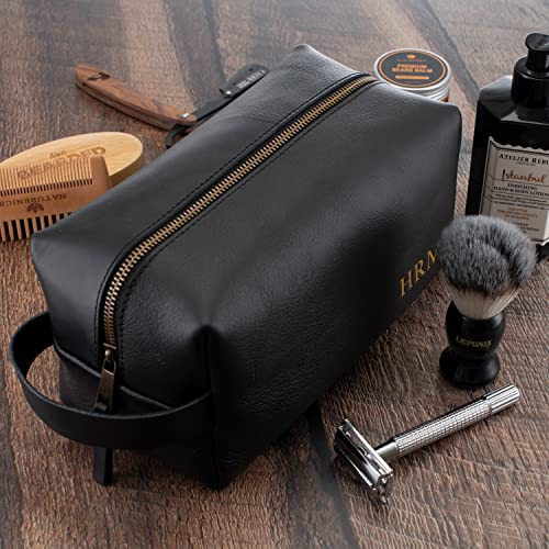 Toiletry Bag for Men, Genuine Leather Toiletry Bag w/ Initials & Names, Groomsmen Gifts for Wedding - Gifts for Dad - Custom Embossed Dopp Kit for Him - Travel Accesories for Men, Black - Medium3