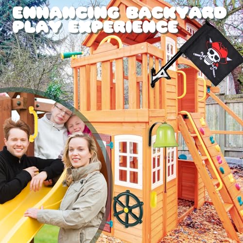 Foilswirl Swing Set Accessories Outdoor Playground Accessories Backyard Playground Equipment with Telephone, Ship Wheel, Telescope, Bell, Safety Handle Bars, Pirate Flag for Playhouse (Yellow, Green) - Thumbnail 6