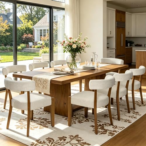 RNKSFX Upholstered Dining Chairs Set of 8 Walnut Wooden Kitchen & Dining Room Chairs Mid Century Modern Fabric Farmhouse Dining Chairs Oversized Sturdy Rounded Chairs Curved Back Beige Fabric