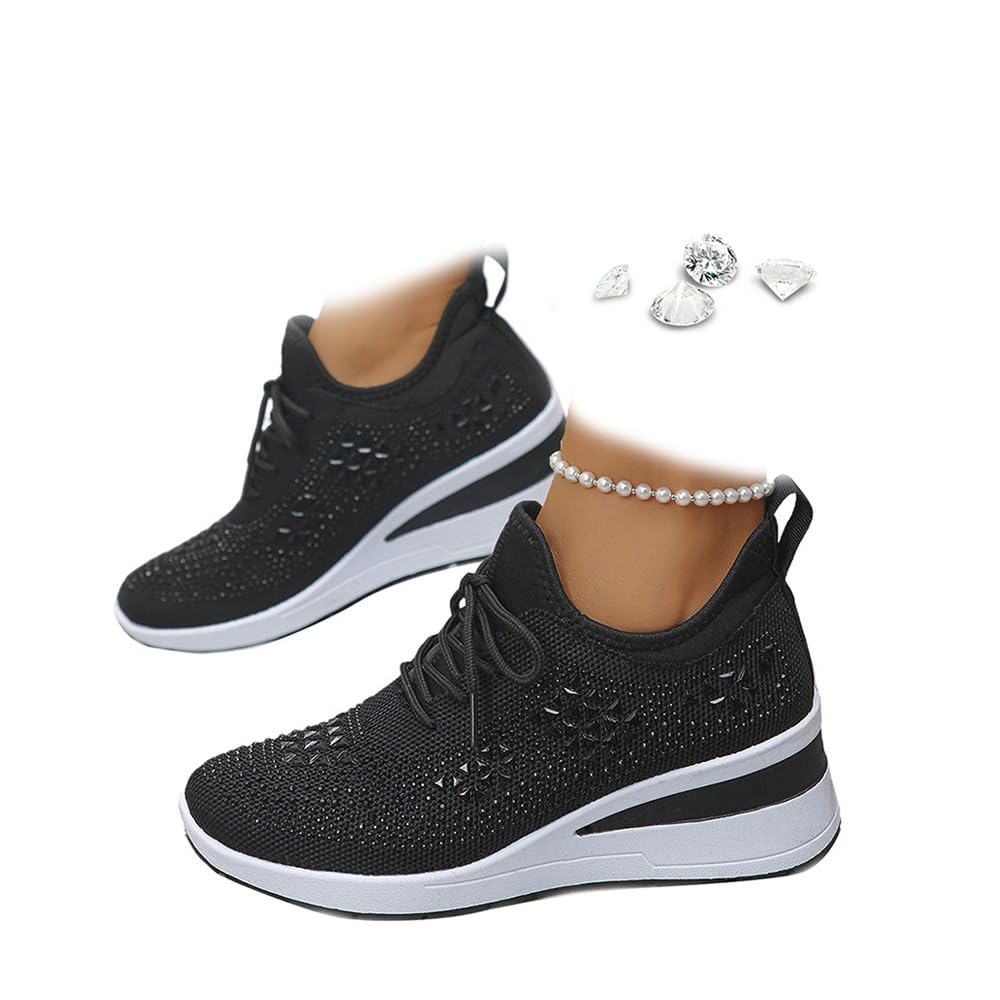 Damen-Sneaker mit glitzernden Strasssteinen, modisch, atmungsaktiv, Keilabsatz, Netzstoff, Schlupfschuhe, Wanderschuhe