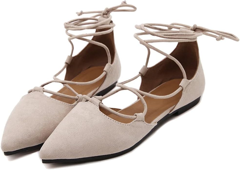 KOKOMOMO Womens Faux Suede Lace Up Ballet Flats Pointed Toe Ballerina Shoes