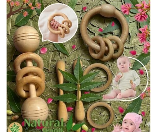 Image of Natural Wood Neem Wooden Teether Set for Babies, Ring Rattle and Grasping Toy