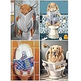 SHEGZHUC Diamond Painting Animaux Toilettes Lot de 4 30x40cm Broderie Diamant Diamond Painting Chien sur les Toilettes Vache Taureau Oiseau Pigeon Lapin Journal Magazine Peinture Numero Adulte Animaux
