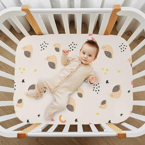 Image of Fitted Crib Sheets Cute Snail Stretchy Portable Playard Sheets for Baby Toddler, Breathable Soft Mini Crib Mattress 39 x 27 in for Boys and Girls