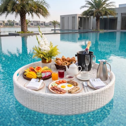 Image of BRISHI Luxury Floating Serving Tray | Swimming Pool Floats for Adults for Sandbars, Spas, Bath, and Parties | Floating Tray for Pool Serving Drinks, Brunch, Food on The Water (White)
