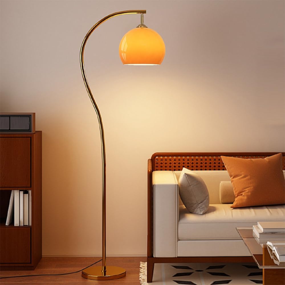 KlkrzJwy Arc Floor Lamp for Living Room Mid Century Modern Floor Lamps with Adjustable Orange Glass Shade Mushroom Tall Standing Lamp Gold Pole Tall Lamp for Home Office Bedroom (Bulb Included)