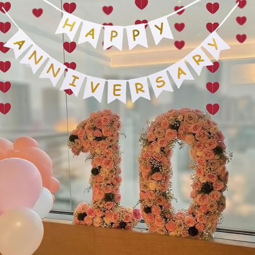 Image of Happy Anniversary Banner Balloons Wedding Love Party and Background Indoor Outdoor Decorations (Red Heart)