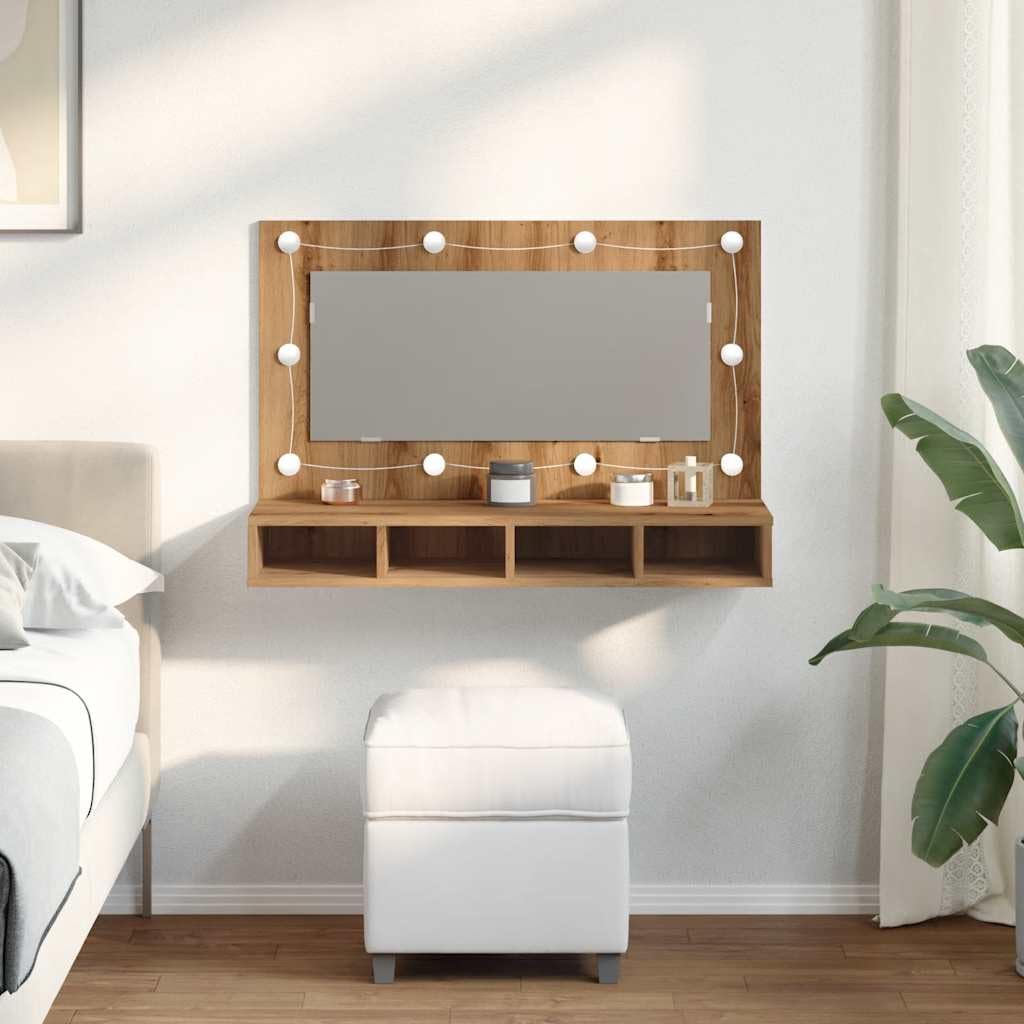 vidaXL Mobiletto a Specchio con LED in Rovere Artigianale 90x31,5x62 cm