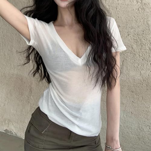 Generic Elbucutess Women's Summer V-neck T-shirts Short Sleeve Sheer Basic Tops Tee White3