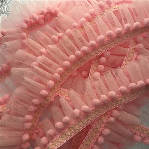 Yalulu 5 Yards Pom Pom Pleated Organza Lace Edge Trim Gathered Mesh Chiffon Ribbon Applique For Cloth Sewing Diy Craft (Pink) #TOP2