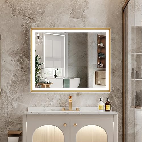 WELLFOR 40W x 32L Wall LED Framed Mirror, Backlit and Front Lighted Mirror for Bathroom Hotel, Bathroom Vanity Mirror Includes Dimmer Defogger, Vertical/Horizontal Mounted, Rectangle, Brushed Gold