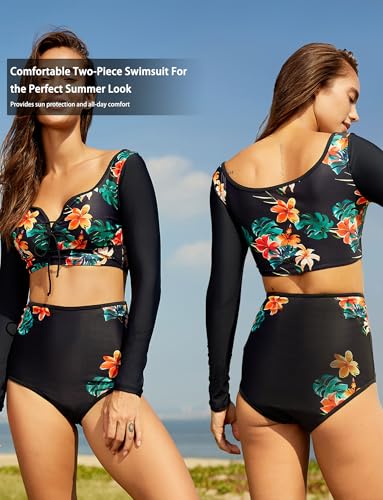 SEAUR Women Two Piece Rash Guard Long Sleeve Swimsuit Crop Tankini with High Waisted Swim Bottom UPF 50+2