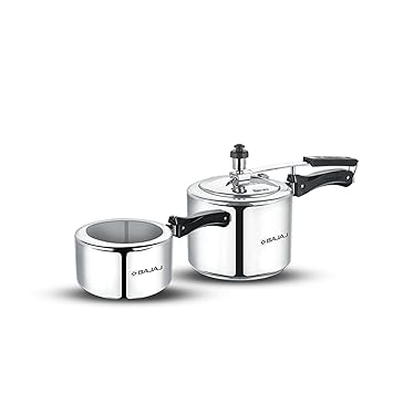 Bajaj New Shakti 2L, 3L Inner Lid Aluminium Pressure Cooker Combo (2L And 3L) | 5Liters | Sturdy Bakelite Handles | ISI Certified | 1 Yr Warranty 【Silver/Grey】