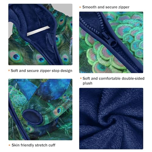 Vivid Peacock Feathers Toddler Fleece Jacket Girl Boys Hooded Fleece Jacket Coat Warm Outwear Zip-up 3-10T3