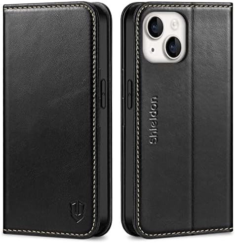 SHIELDON Wallet Case for iPhone 14 5G, Genuine Leather Flip Case with [Card Holder][RFID Blocking][Kickstand][TPU Shell] Protective Magnetic Folio Phone Case Compatible with iPhone 14 6.1" 2022, Black