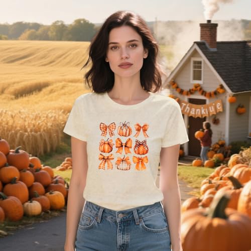 Women Halloween Pumpkin Shirt Coquette Bow Pumpkin Print T-Shirt Halloween Fall Tee Tops3