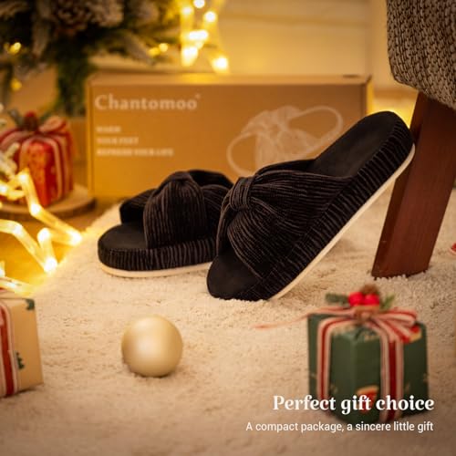 Image of Chantomoo Slippers for Women Memory Foam House Bedroom Corduroy Bow Crossbands Slipper Shoes Comfy Trendy Gift Slippers