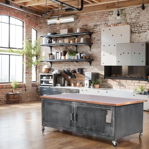 Diwhy Industrial Buffet Cabinet, Industrial Accent Storage Cabinet with Iron Grid Doors, Brown Wooden Desktop, Movable Sideboard Coffee Cabinet for Kitchen, Dining Room, Living Room - Thumbnail 5