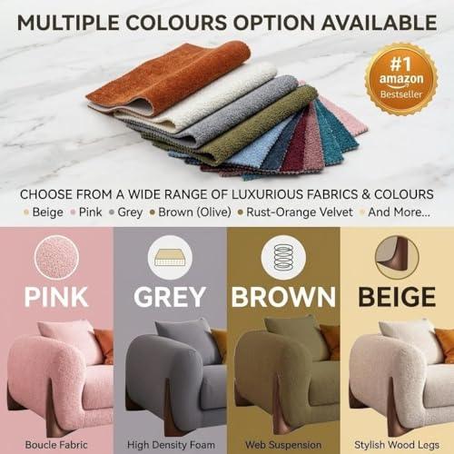 Image of Modern Sofa, Teddy Fabric, Chesterfield Style, Wooden Legs, for Living Room, Bedroom, Hallways (Dark Grey 3+2+1+Ottoman)