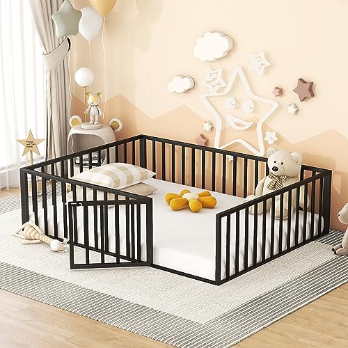 Image of Voohek Queen Size Floor Bed for Toddlers 1-3, with Fence and Door, Metal Frame, No Slats Needed, Child's Play Space, Montessori Floorbed for Kids, Black