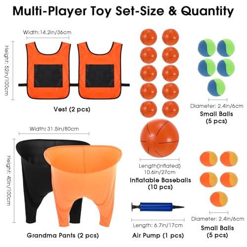 2-in-1 Granny Pants Yard Game Set, Oversized Pants & Sticky Vests Combo with 20 Balls & Pump, Outdoor Tossing Game for Adults Family Party Backyard Lawn Fun(M,Basketball,Orange and Black)