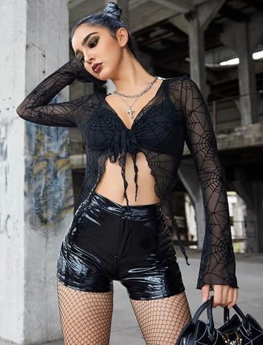 Image of Avidlove Women Mesh Crop Top Y2K Tie Front Tops Rave Top Sheer Cardigan Sexy V Neck Outfits S-2XL