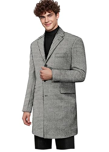 VENNYNG Houndstooth Autumn Long Dress Coat for Men Peaked Lapel Single Breasted Plaid Overcoat Business Casual Wear