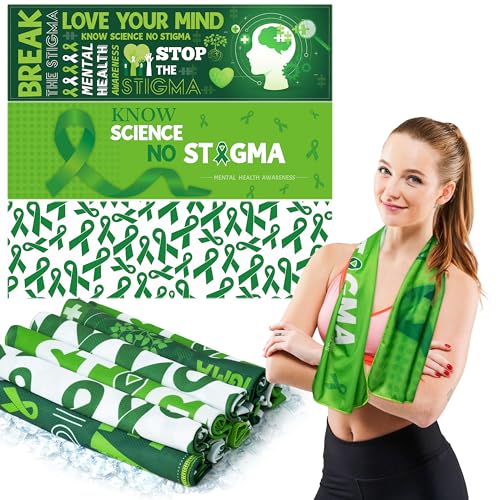 R HORSE Mental Health Awareness Cooling Towels - 12Pcs Green Ribbon Breathable Chilly Microfiber Ice Towels for Neck and Head, Mental Health Day Gifts for Volunteer Activities Yoga Sports, 40