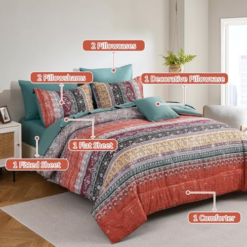Image of Cottolester Boho Full Comforter Set 8 Pieces,Orange and Green Bohemian Striped Bed in a Bag, Paisley Soft Microfiber Bedding Comforter Set