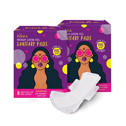 PINQ POLKA Premium Sanitary Pads (XXXL-400mm) Organic Soft Cotton Feel|Rash Free|Ultra Thin for Day and Night flow with Individual Disposable Biodegradable Pouch – 20 Pieces