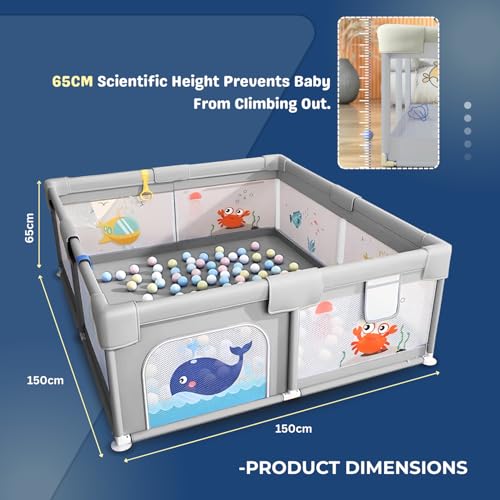 Image of Playards|Playpen for Kids up to 4 Years, Spacious 150x150 cm Baby Play Yard with Safety Lock & Hand Grip, Thick Padding & 360 Mesh Visibility, Portable Activity Center for Toddlers -Grey