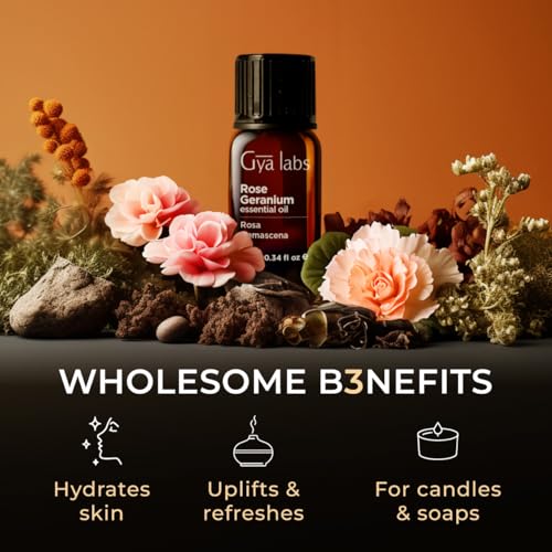 Image of 100% Pure Rose Geranium Essential Oil - 0.34 Fl Oz - Rose Geranium Oil for Hair, Skin, Diffuser, Aromatherapy & DIY Candle Making Scent