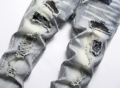 Men's Patch Ripped Torn Jeans Biker Zipper Deco Washed Straight Denim Pants Regular Straight Pleated Patch Fit Jeans3