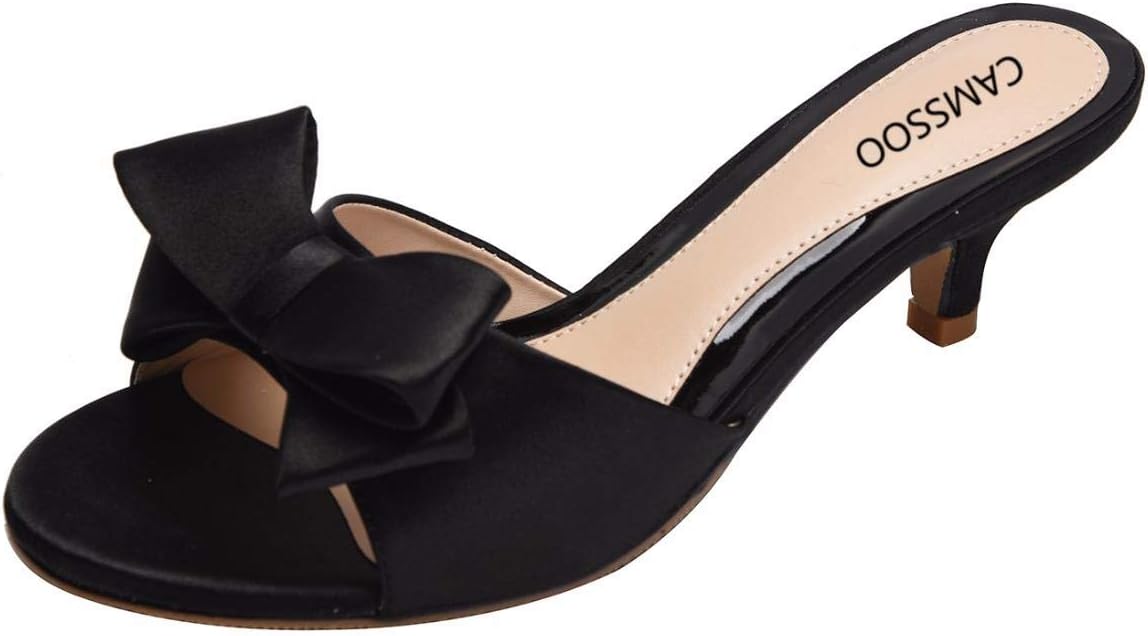 CAMSSOO Women's Satin Kitten Heels Mules Sandals Slip On Bowknot Open Toe Backless Dress Sexy Low Heeled Slipper Slides
