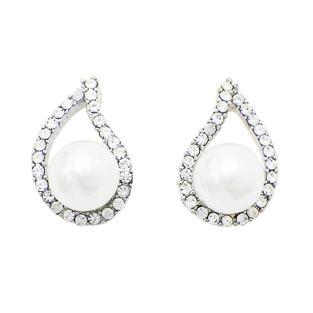 Women's Beautiful Pave Crystal Teardrop With 5mm Simulated Pearl Post Earrings, 0.75"