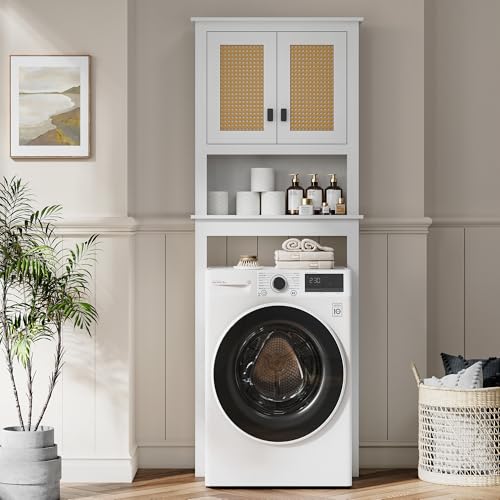 GarveeHome Over The Toilet Storage Cabinet, Farmhouse Over Toilet Bathroom Organizer with Rattan Doors, Freestanding Wood Above Toilet Storage Cabinet with Adjustable Shelf, White