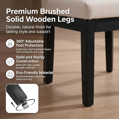 Image of HNY Modern Dining Chairs Set of 4 with Comfortable Back Support, Farmhouse Soft Linen Upholstered Dining Room Chairs with Black Solid Wood Legs, Armless Kitchen Side Chairs for Living Room, Beige